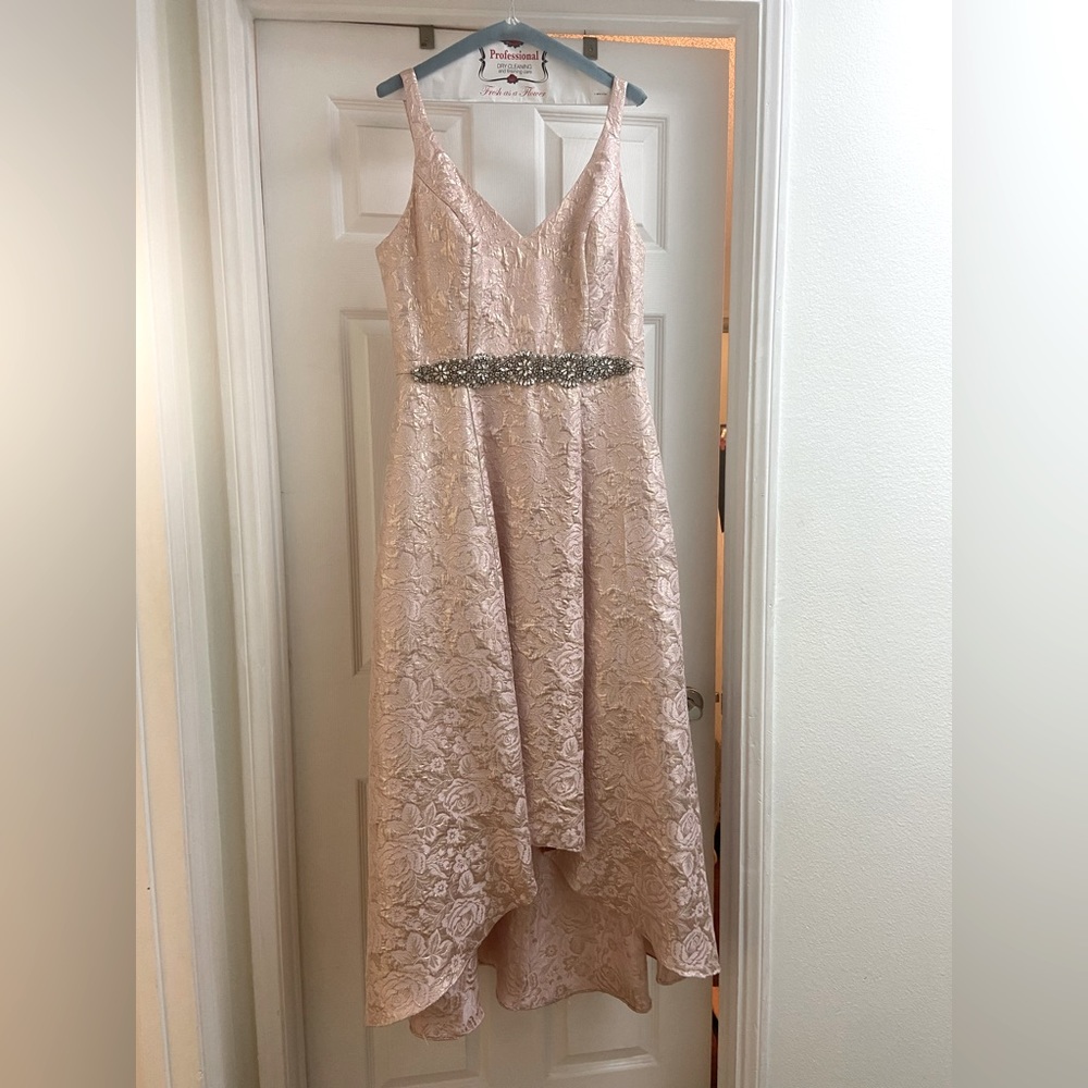 Size 14 Metallic Blush Accented Blush High-Low A-Line Ballgown.